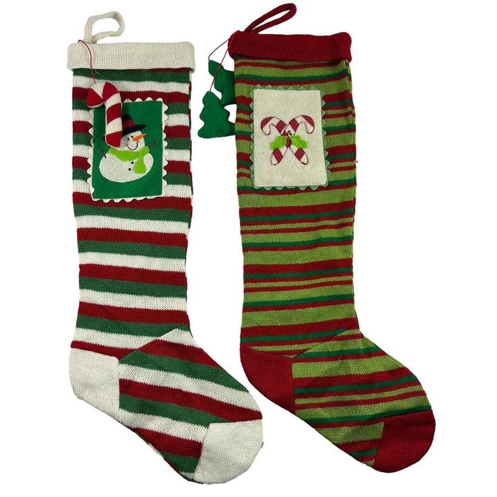 Lot of 2 Knit Christmas Stockings Snowman Candy Cane Red Green Knit 22.5"